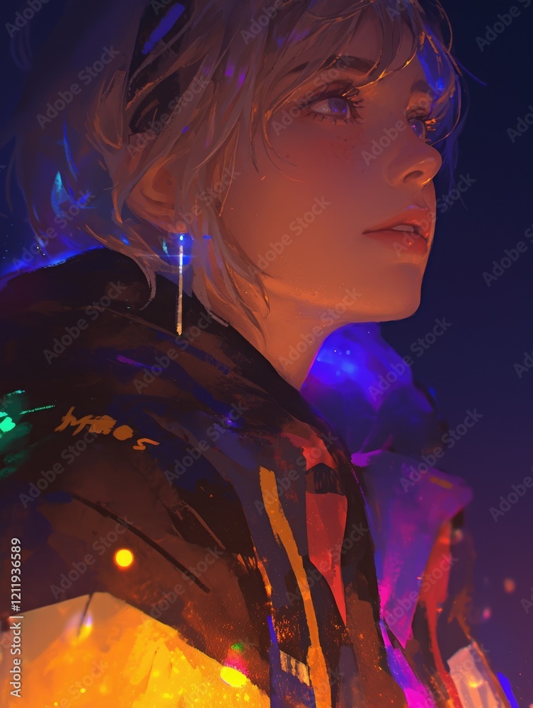 Obraz premium A Young Woman Gazes Upward Under Neon Lights