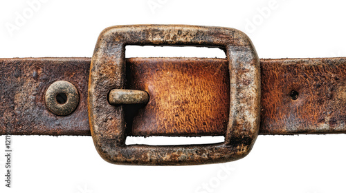 An aged leather belt with a vintage metal buckle resting on a textured surface in warm light