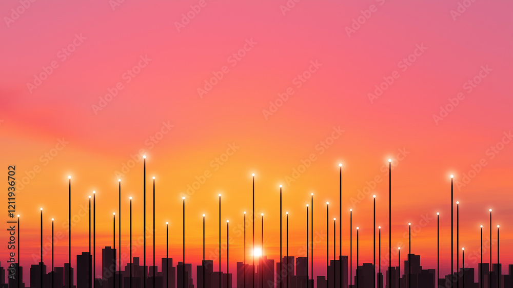 vibrant sunset over city skyline with glowing data lines extending upward, symbolizing connectivity and technology. scene evokes sense of innovation and modernity vibrant sunset over city skyline with glowing data lines extending upward, symbolizing connectivity and technology. scene evokes sense of innovation and modernity