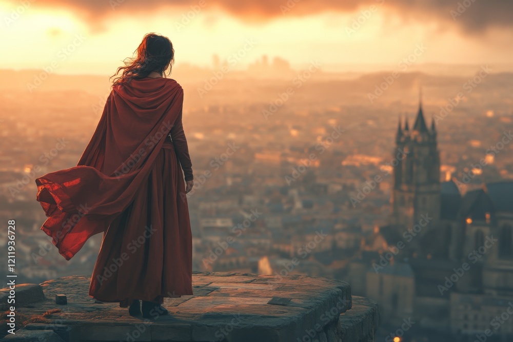 A heroic figure stands with a flowing cape atop a cliff, overlooking an ancient city at dusk, symbolizing guardianship and timelessness in a mythical realm. A heroic figure stands with a flowing cape atop a cliff, overlooking an ancient city at dusk, symbolizing guardianship and timelessness in a mythical realm.