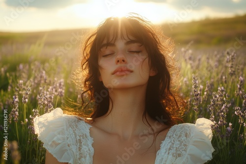 A woman in a white dress closes her eyes amidst a vibrant lavender field, basking in the warm glow of sunlight, depicting a sense of tranquility and contentment. photo