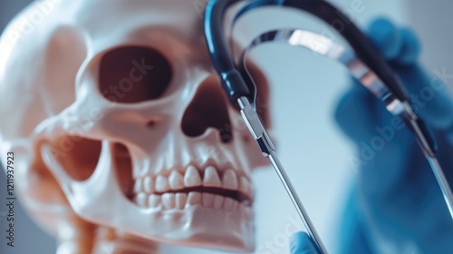 A close-up view of a skeleton wearing a stethoscope, suitable for use in medical or Halloween-themed contexts photo