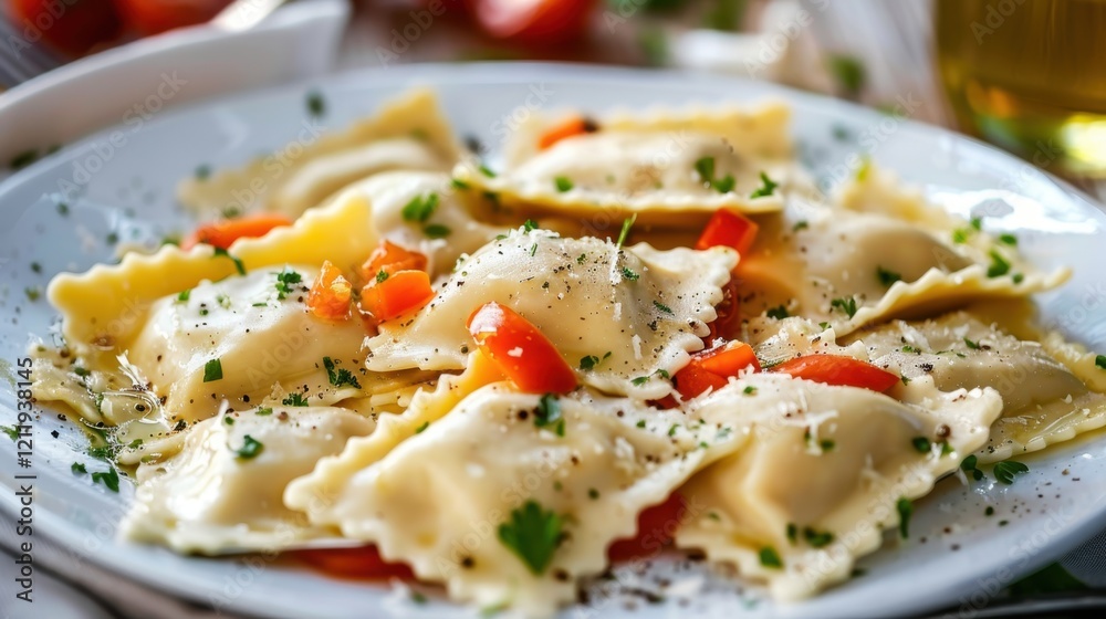 National Ravioli Day Delicious ravioli dish with fresh herbs and tomatoes National Ravioli Day Delicious ravioli dish with fresh herbs and tomatoes