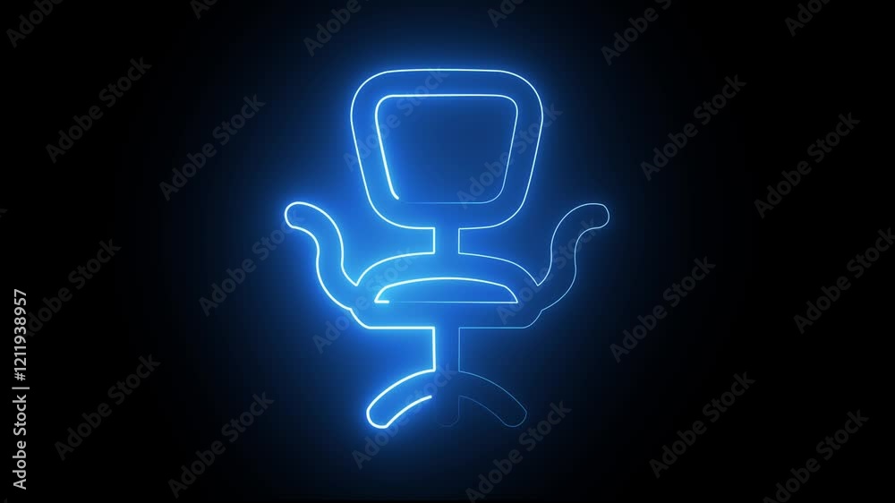 glowing neon light chair icon animation on a black background in blue color. Digital computer chair animation. motion graphic animation. glowing neon light chair icon animation on a black background in blue color. Digital computer chair animation. motion graphic animation.