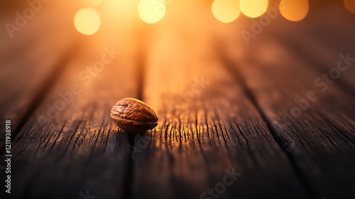 A close-up view of a single walnut on a rustic wooden surface, illuminated by warm, soft bokeh lights in the background. photo