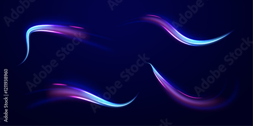 Vector glowing lines air flow effect. Speed connection background. Expressway, car headlight effect. Speed connection vector background. Png, line, blur, beam, ray, abstract, energy, pack, effect.