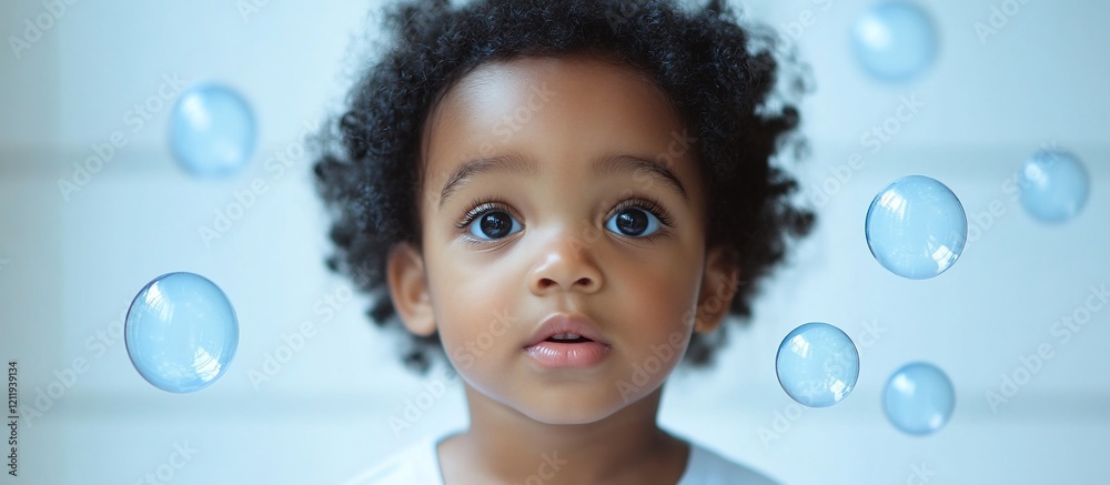 Innocence and Wonder: A Child's Gaze Amidst Floating Bubbles Innocence and Wonder: A Child's Gaze Amidst Floating Bubbles