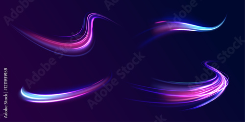 Light trail wave, fire path trace line, car lights, optic fiber and incandescence curve twirl. Big data traffic visualization, dynamic high speed, png, effect. Vector glowing lines air flow effect. 