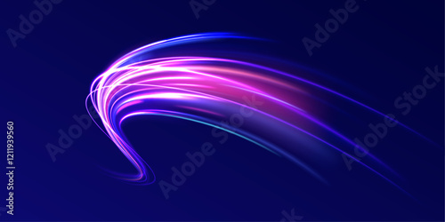 Creative vector illustration of flying cosmic meteor, planetoid, comet, fireball isolated on transparent background. Effect, png, wave,neon,line. Light arc in neon colors, in the form of a turn.