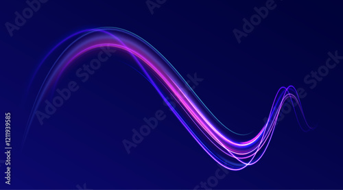 Creative vector illustration of flying cosmic meteor, planetoid, comet, fireball isolated on transparent background. Effect, png, wave,neon,line. Light arc in neon colors, in the form of a turn.