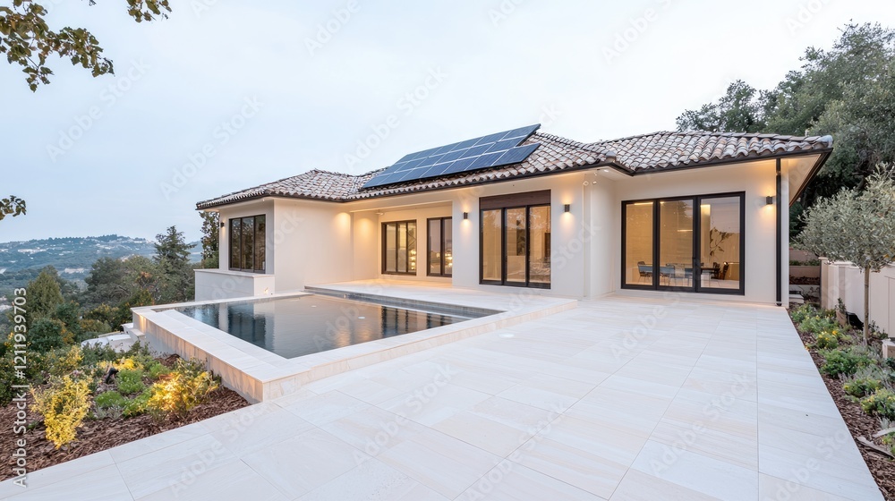 Fototapeta premium Modern luxury villa featuring a swimming pool, solar panels, and warm interior lighting during twilight.