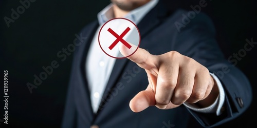 Close-Up of a Hand Rejecting an Action or Task with a Red Cross Icon Displayed on a Virtual Digital Screen