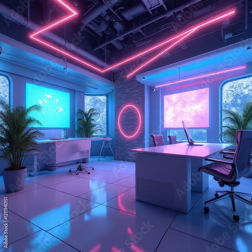 Futuristic Abstract Workspace A blend of minimalist furniture and neon geometric elements, suitable for technology-focused presentations.