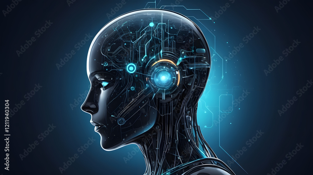 Futuristic abstract design featuring a cybernetic head with glowing elements and circuit patterns suitable for desktop wallpaper Futuristic abstract design featuring a cybernetic head with glowing elements and circuit patterns suitable for desktop wallpaper
