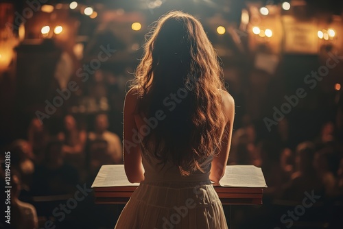 A female speaker at a podium engages with an eager audience in a warmly lit hall, creating a mood of storytelling and communication in a rich setting. photo