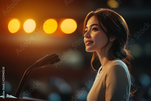 A poised young professional woman delivers a public address confidently, with soft lighting highlighting her features, showcasing charisma and professionalism. photo