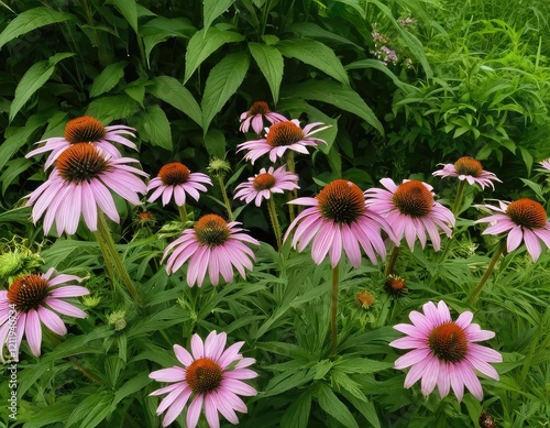 Pink flowers with brown centers surrounded by green leaves
