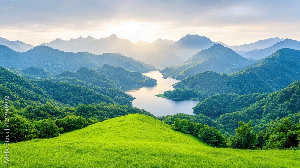 Fototapeta premium Majestic mountain lake sunrise, scenic vista, tranquil nature, peaceful landscape, travel destination