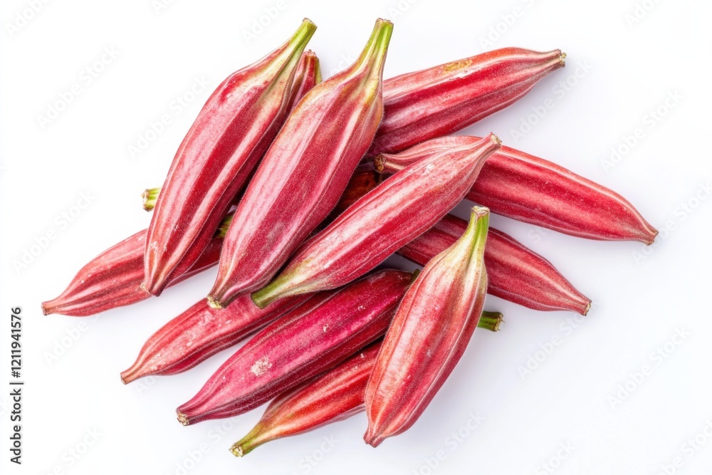 Fresh red okra pods cluster on white background, isolated object, high-quality still life photography, food concept Fresh red okra pods cluster on white background, isolated object, high-quality still life photography, food concept