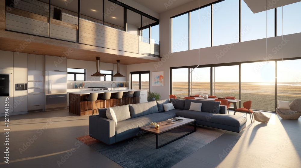 Naklejka premium Modern Open-Plan Living: Sun-drenched interior of a luxurious two-story home showcasing a spacious open-plan living area, gourmet kitchen, and expansive windows offering breathtaking views.