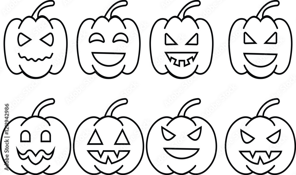 Obraz premium Halloween Pumpkin Face Icon set, jack-o-lantern flat graphic design elements, isolated on transparent background. used for Halloween festival, element template poster, brochures, online advertising,