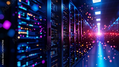 A futuristic data center corridor illuminated by vibrant lights, showcasing rows of servers and a dynamic atmosphere.