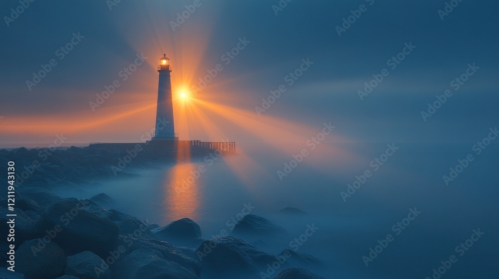 Serene lighthouse standing tall on the rocky shore, illuminated by a warm sunset glow amidst fog Serene lighthouse standing tall on the rocky shore, illuminated by a warm sunset glow amidst fog