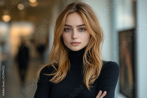 A contemplative young woman stands in a gallery wearing a black turtleneck, symbolizing elegance, introspection, and a keen interest in fine arts.