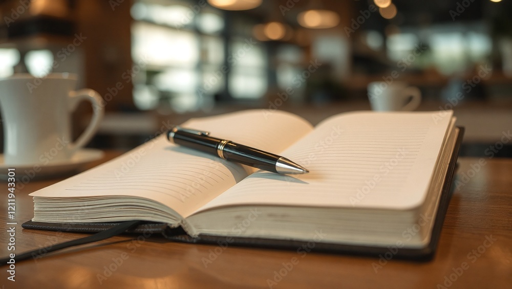 An open notebook with a sleek pen resting on it, placed on a table with a blurred coffee shop background An open notebook with a sleek pen resting on it, placed on a table with a blurred coffee shop background