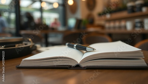 An open notebook with a sleek pen resting on it, placed on a table with a blurred coffee shop background