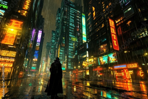 Rainy Night Cityscape Silhouette Figure Standing Alone photo