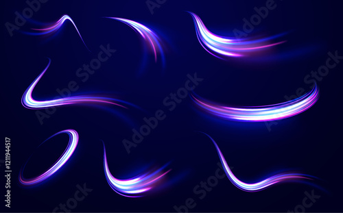 Horizontal speed lines connection vector background. Futuristic dynamic motion technology blue glowing lines air flow effect.  Racing cars dynamic flash effects city road with long exposure. 