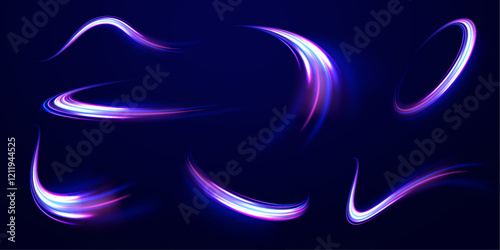 Horizontal speed lines connection vector background. Futuristic dynamic motion technology blue glowing lines air flow effect.  Racing cars dynamic flash effects city road with long exposure. 