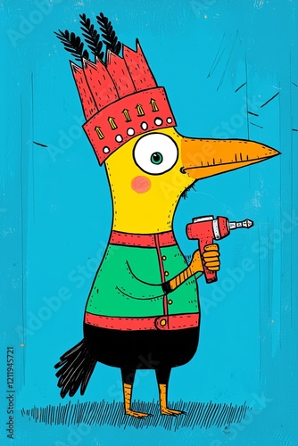 Whimsical Woodpecker in Colorful Uniform Using a Drill for Creative DIY Projects photo