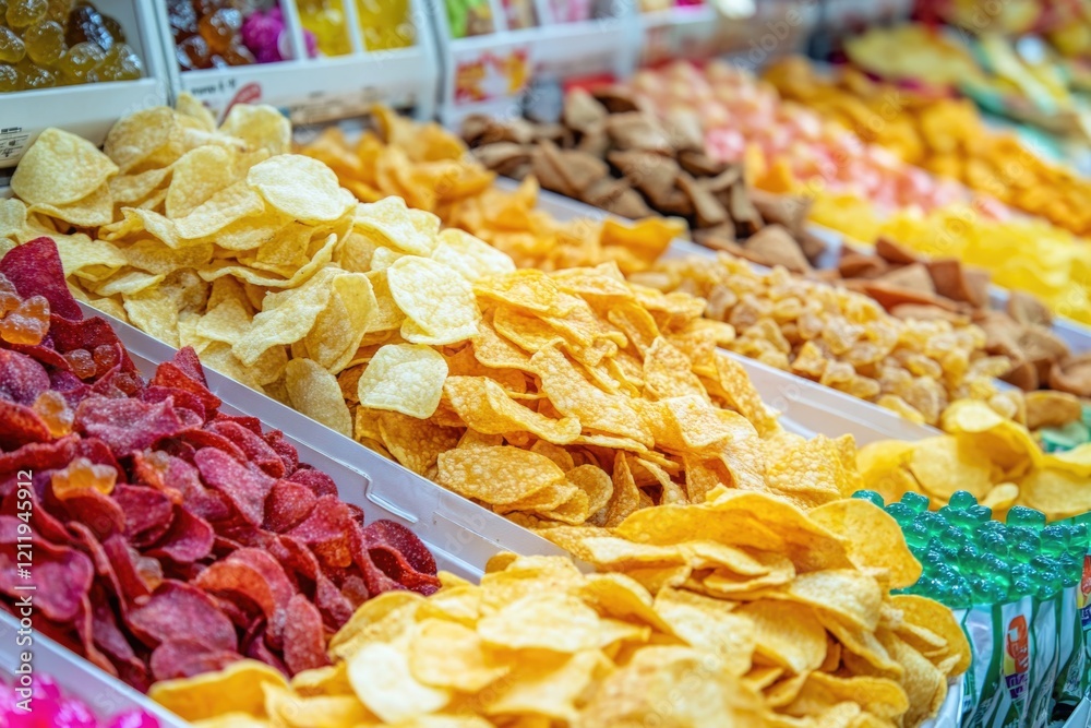 Variety of chips and snacks displayed in a retail setting, great for food or shopping themes Variety of chips and snacks displayed in a retail setting, great for food or shopping themes
