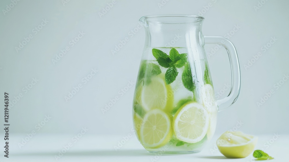 Refreshing lemonade with mint and lemon slices in a clear glass pitcher on a light background perfect for summer beverages and healthy drinks. Refreshing lemonade with mint and lemon slices in a clear glass pitcher on a light background perfect for summer beverages and healthy drinks.