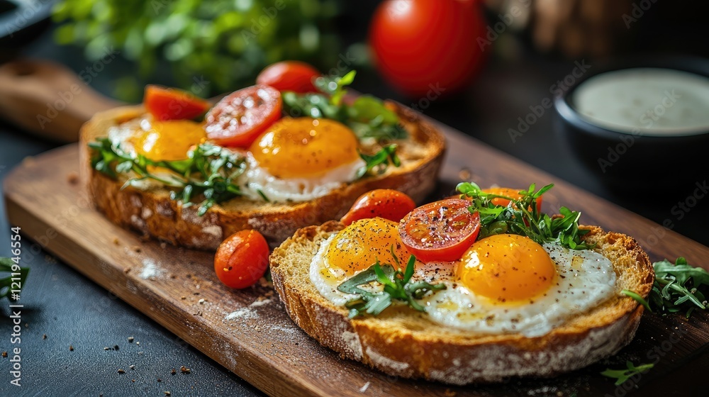 Delicious Toasted French Baguette Breakfast with Fresh Eggs Tomatoes and Greens on Wooden Board Delicious Toasted French Baguette Breakfast with Fresh Eggs Tomatoes and Greens on Wooden Board