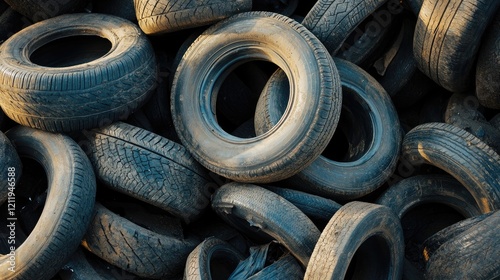 Tire recycling concept showcasing stacked used tires emphasizing sustainability and environmental awareness in urban settings photo