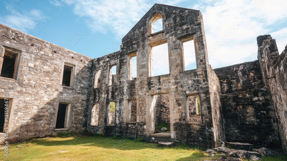 Historic ruins of convict-era gaol showcasing crumbling stone walls and open windows amidst lush green surroundings. Perfect for heritage themes. Historic ruins of convict-era gaol showcasing crumbling stone walls and open windows amidst lush green surroundings. Perfect for heritage themes.