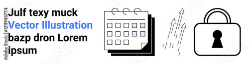 Calendar with bound pages, upward arrows indicating progress, and a padlock representing security. Ideal for productivity, growth, security, time management, planning, data protection business