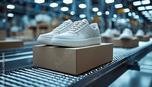 Pairs of Shoes on Conveyor Belt in Footwear Factory, Shoe Production Process