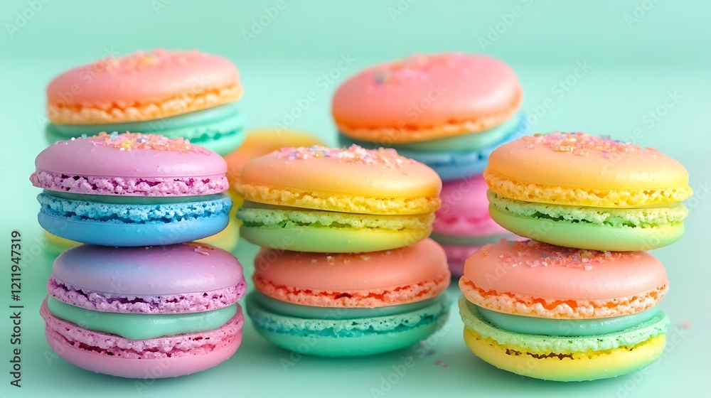 A stack of rainbow macarons on a pastel mint green background A stack of rainbow macarons on a pastel mint green background
