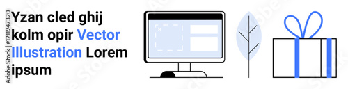 Computer monitor displaying software interface, outlined leaf, and gift box with ribbon. Ideal for digital products, e-commerce, technology, presentations, website design, marketing and education