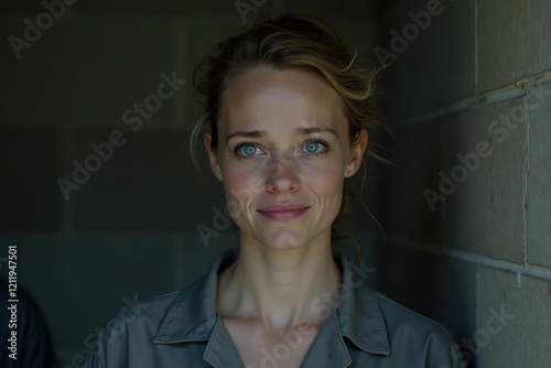 A close-up portrait of a female prisoner with piercing blue eyes and a sad smile, wearing a grey uniform. The background shows the dull concrete walls of her cell