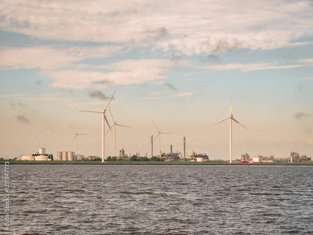 Industrial landscape: windfarm and factories at Chemiepark Delfzijl, Groningen, along Eems estuary, Netherlands Industrial landscape: windfarm and factories at Chemiepark Delfzijl, Groningen, along Eems estuary, Netherlands