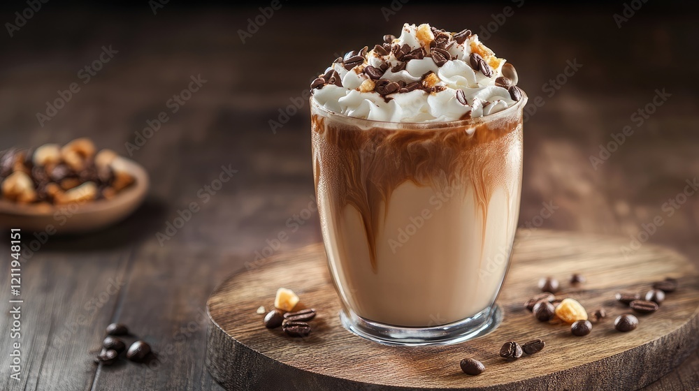 Delicious coffee latte topped with whipped cream and chocolate, served in a glass on a wooden board with coffee beans scattered around. Delicious coffee latte topped with whipped cream and chocolate, served in a glass on a wooden board with coffee beans scattered around.