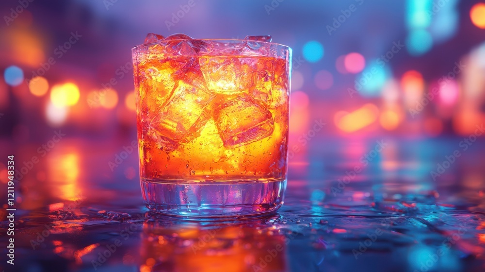Vibrant cocktail with ice cubes against a blurry neon lights background Vibrant cocktail with ice cubes against a blurry neon lights background