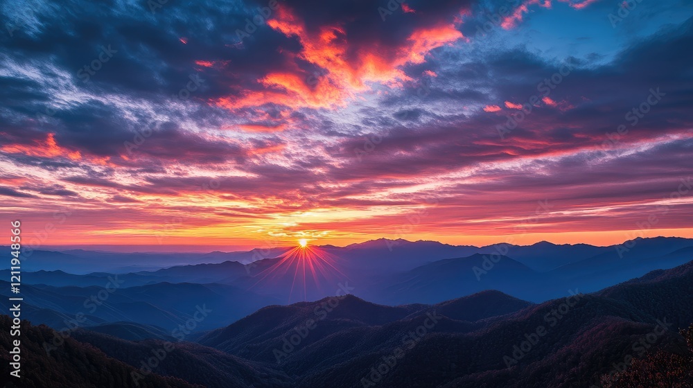 Fototapeta premium Majestic sunset timelapse over vibrant red and orange mountain landscape with dramatic clouds and serene valley view