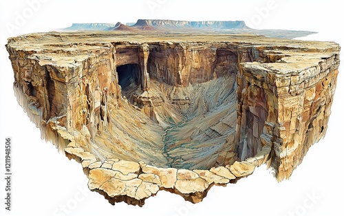 Aerial view of a desert canyon with cave.