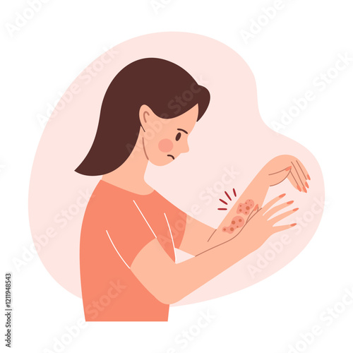 Woman with itchy skin rash. Allergic itching, skin inflammation, redness and irritation. Healthcare and medicine